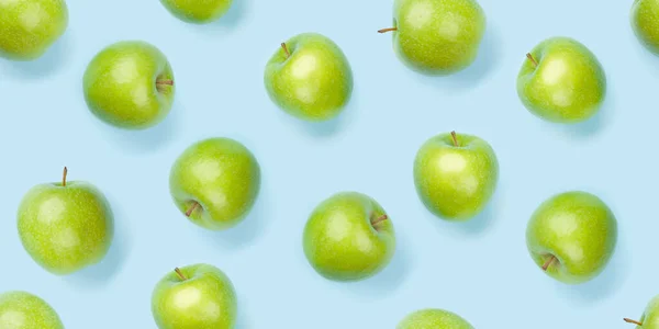 Zielone Owoce Jabłka Niebieskim Bezszwowym Tle Tekstury Płaskie Tło — Zdjęcie stockowe