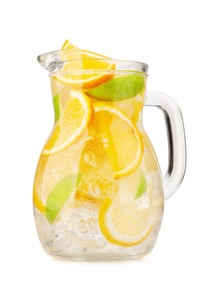 Fresh lemonade glass pitcher with ripe citrus fruits. Isolated on white background