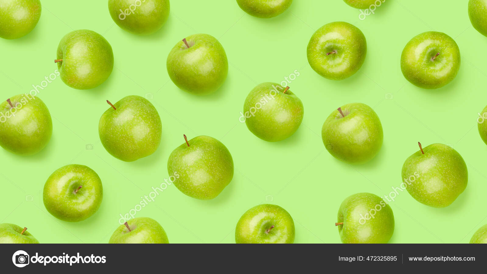 Frutas Maçã Verde Sobre Fundo Verde Textura Sem Costura Plano — Foto ©  karandaev #472325895, image size:1600x900