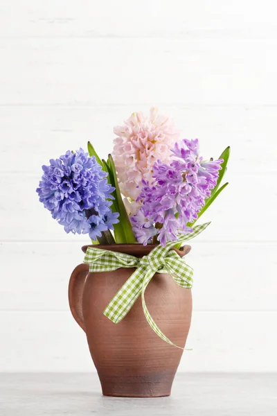 Hyacinth Flowers Bouquet Wooden Table Easter Greeting Card Template Space — Stock Photo, Image