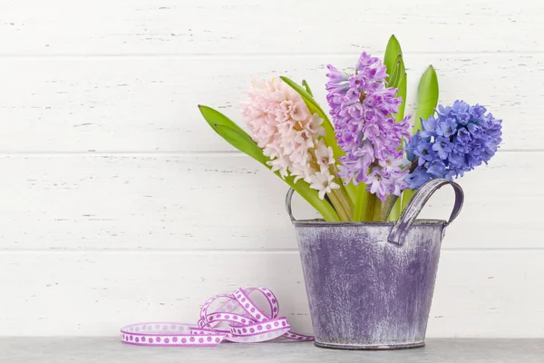 Hyacinth Flowers Bouquet Wooden Table Easter Greeting Card Template Space — Stock Photo, Image