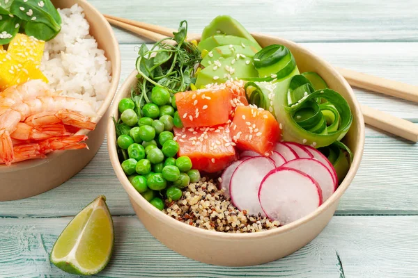 Poke Bowls Shrimps Salmon Avocado Mango Traditional Hawaiian Meal — Stock Photo, Image