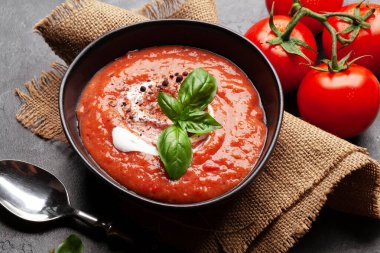 Ev yapımı soğuk gazpacho çorbası ve taze domates.