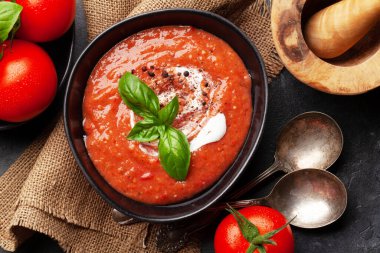 Ev yapımı soğuk gazpacho çorbası ve taze domates. Üst görünüm düzlüğü