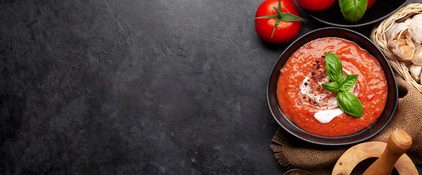 Sopa Gazpacho Fría Hecha Casa Con Tomates Frescos Jardín Vista —  Fotos de Stock