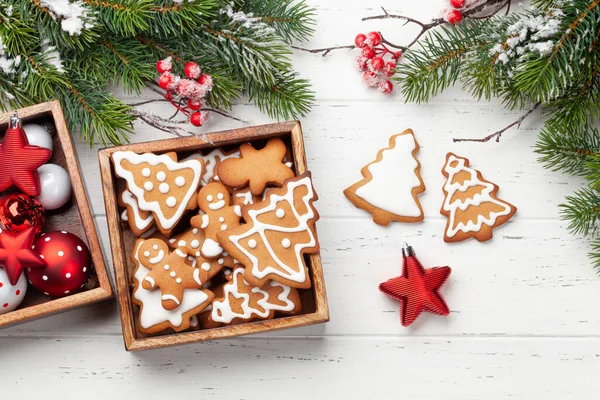 Christmas Card Gingerbread Cookies Decor Top View Flat Lay — Stock Photo, Image