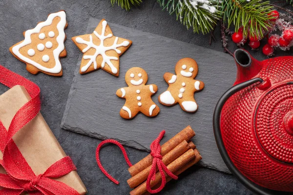 Carte Noël Avec Biscuits Pain Épice Thé Sapin Vue Dessus — Photo