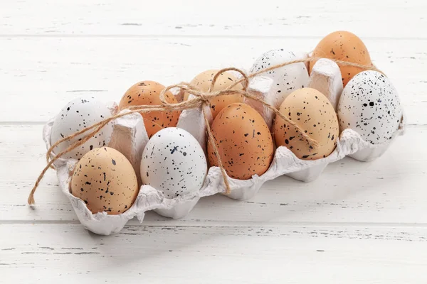 Chicken Eggs Pack Wooden Table Easter Eggs — Stock Photo, Image