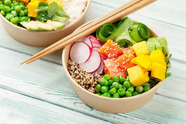 Poke Bowls Shrimps Salmon Avocado Mango Traditional Hawaiian Meal — Stock Photo, Image