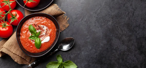 Hausgemachte Kalte Gazpacho Suppe Mit Frischen Tomaten Aus Dem Garten — Stockfoto