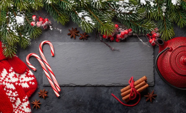 Julkort Med Godis Och Gran Ovanifrån Platt Låg Med Plats — Stockfoto