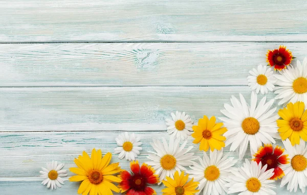 Kamille Bloemen Achtergrond Tuin Madeliefje Bloemen Houten Achtergrond Bovenaanzicht Plat — Stockfoto
