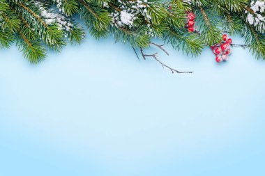 Mavi arka planda karla kaplı köknar ağacıyla Noel tebrik kartı. En üstteki görünüm düzlüğü Xmas selamlamalarınız için kopyalama alanı ile yatar