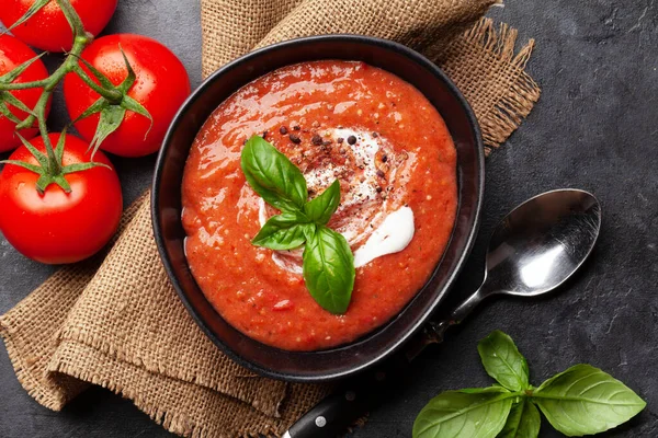 Hausgemachte Kalte Gazpacho Suppe Mit Frischen Tomaten Aus Dem Garten — Stockfoto