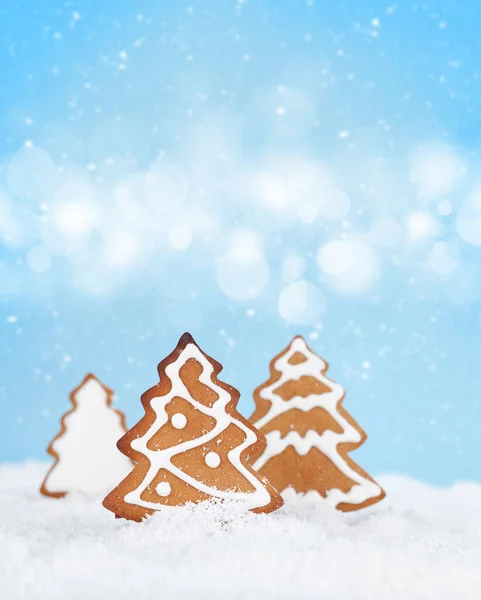 Christmas Greeting Card Homemade Gingerbread Tree Cookies Snow Copy Space — Stock Photo, Image