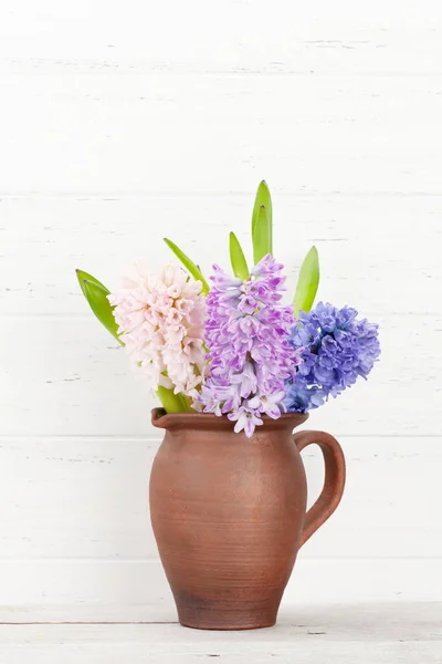 Hyacinth Flowers Bouquet Wooden Table Easter Greeting Card Template Space — Stock Photo, Image