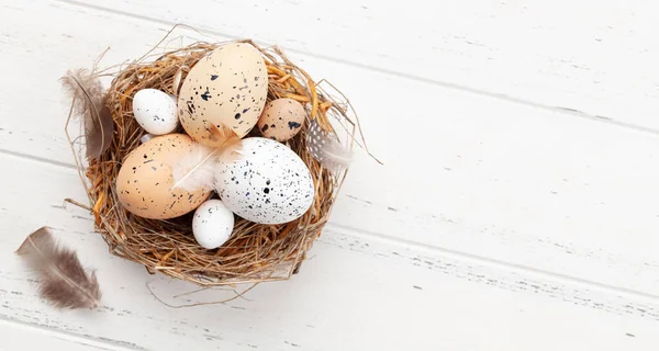 Kippen Kwarteleitjes Nest Houten Tafel Paaseieren Bovenaanzicht Plat Lag Met — Stockfoto