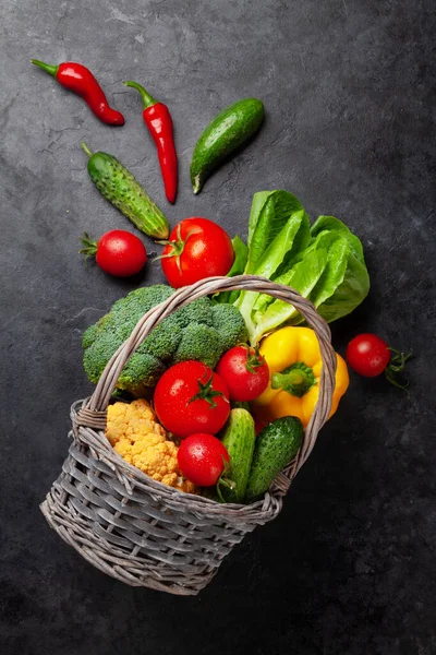 Cesta Con Verduras Frescas Jardín Vista Superior Plano Laico —  Fotos de Stock