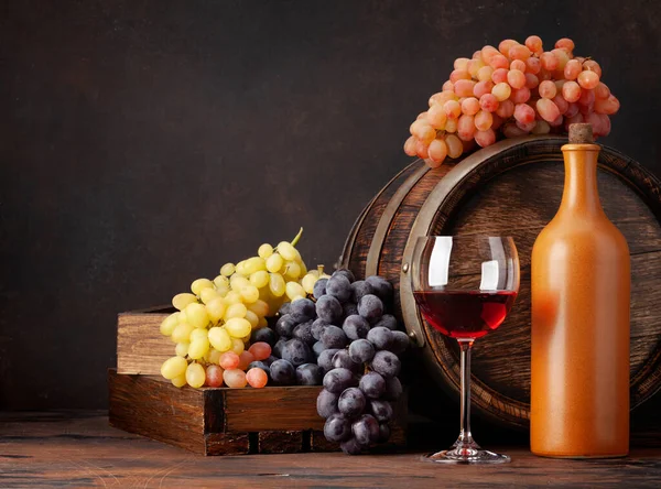 Wine Bottle Grapes Glass Red Wine Old Wooden Barrel Copy — Stock Photo, Image