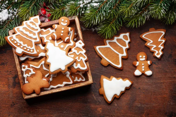 Carte Noël Avec Biscuits Pain Épice Sapin Vue Dessus Plat — Photo