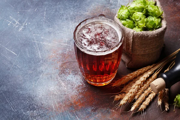 Taza Cerveza Lager Lúpulo Trigo Vieja Mesa Piedra Con Espacio — Foto de Stock