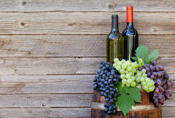Verschiedene Bunte Trauben Und Weinflaschen Auf Weinfässern Sonnigen Garten Vor — Stockfoto
