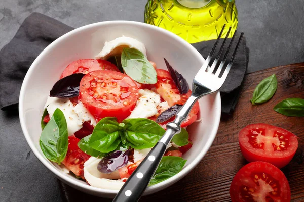 Taze Domatesli Caprese Salatası Fesleğen Mozzarella Peyniri — Stok fotoğraf