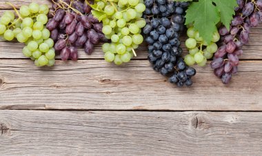 Tahta masada çeşitli renkli üzümler var. Üst görünüm düzlüğü kopyalama alanı ile yatıyordu