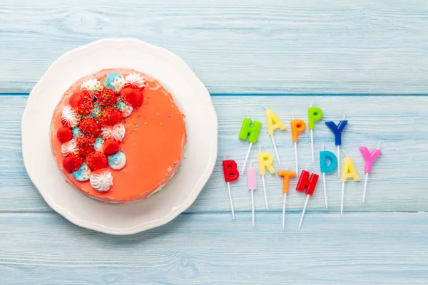 Torta Compleanno Candele Compleanno Felici Sul Tavolo Legno Vista Dall — Foto Stock