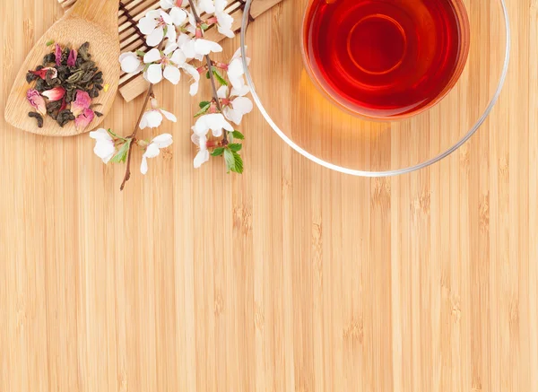 Japanese green tea and sakura branch — Stock Photo, Image