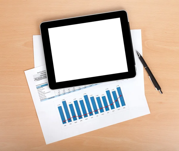 Tablet with blank screen over chart document — Stock Photo, Image