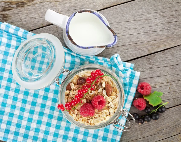 Café da manhã com muesli, bagas e leite — Fotografia de Stock