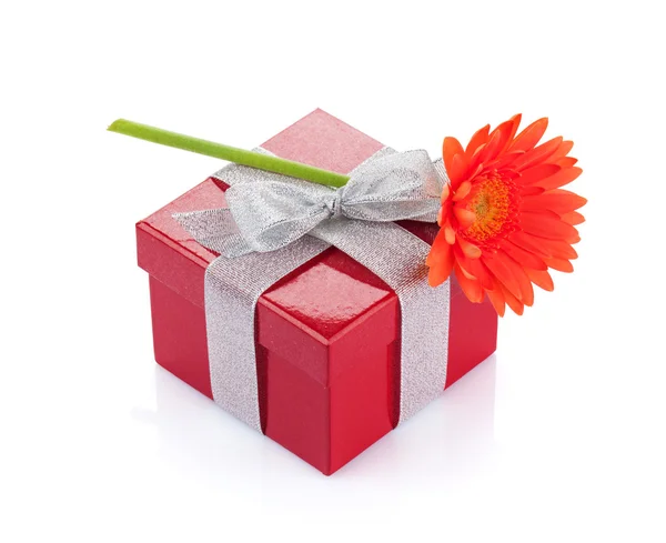 Orange gerbera flower over red gift box — Stock Photo, Image