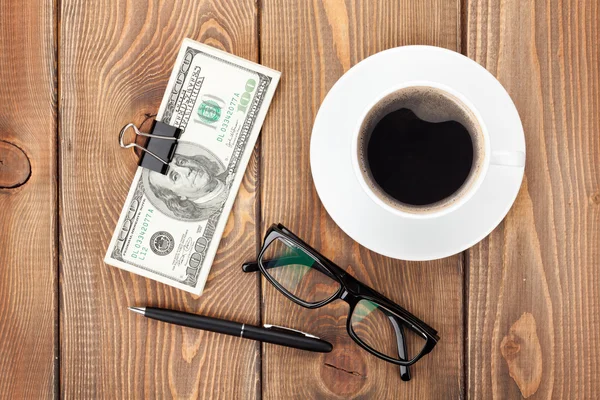 Money cash, glasses, pen and coffee cup — Stock Photo, Image