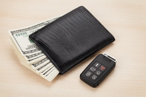 Money cash wallet and car remote key — Stock Photo, Image