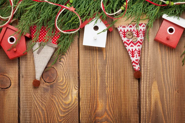 Christmas fir tree and birdhouse decor — Stock Photo, Image