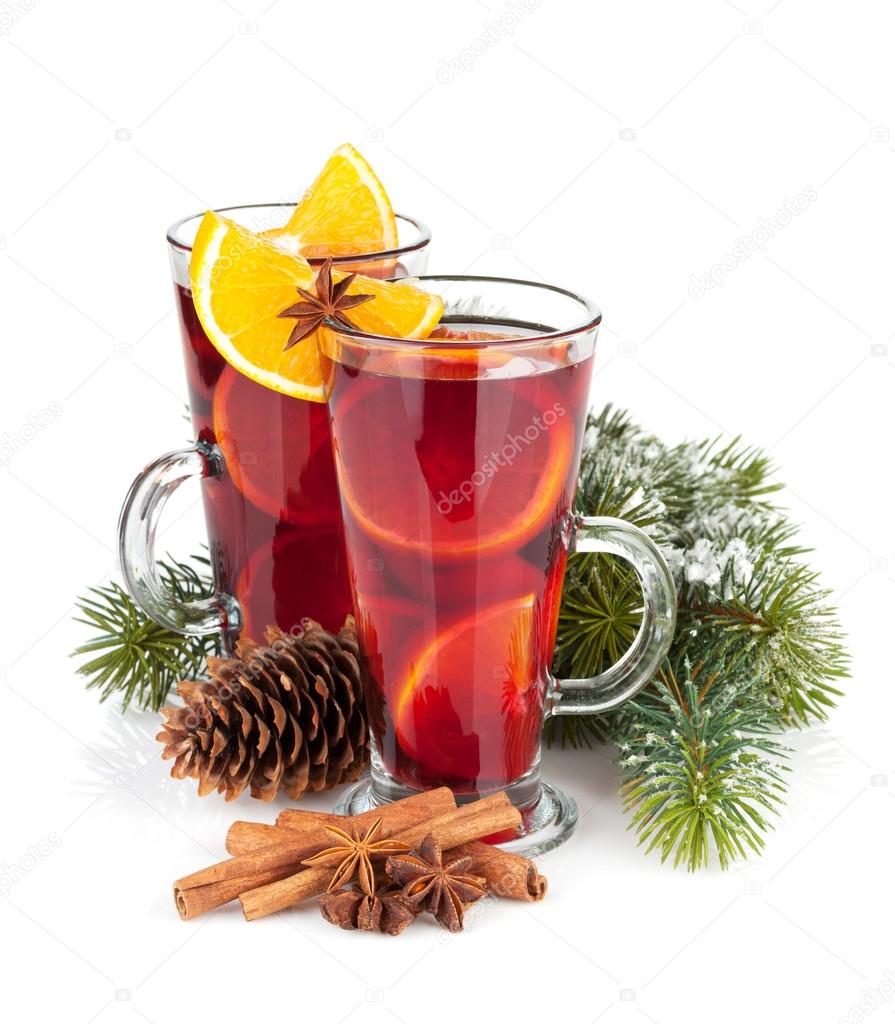Christmas mulled wine with spices and fir tree