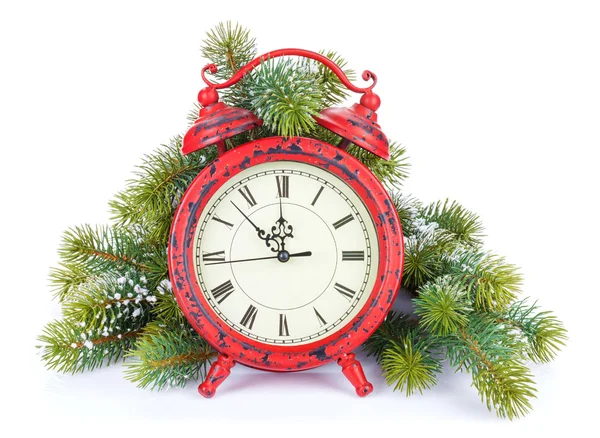 Christmas clock and snow fir tree — Stock Photo, Image