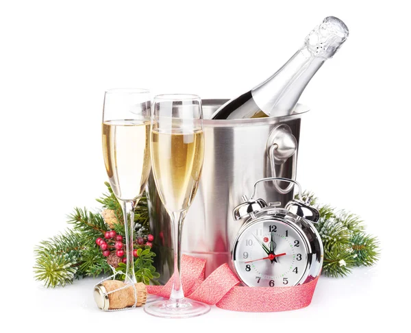 Christmas champagne with alarm clock — Stock Photo, Image