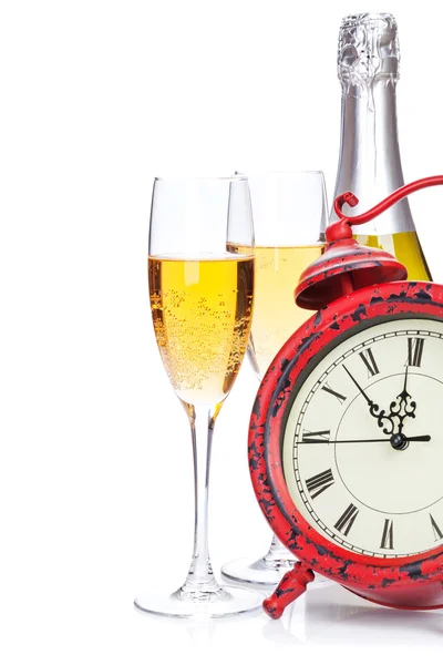 Champagne e orologio di Natale — Foto Stock