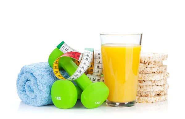 Dumbbells, tape measure and healthy food. — Stock Photo, Image