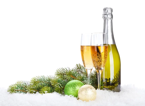 Šampaňské a vánoční dekor — Stock fotografie
