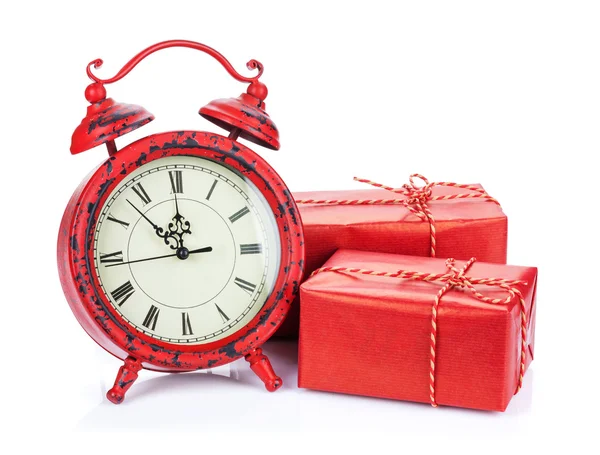 Christmas clock and two gift boxes — Stock Photo, Image