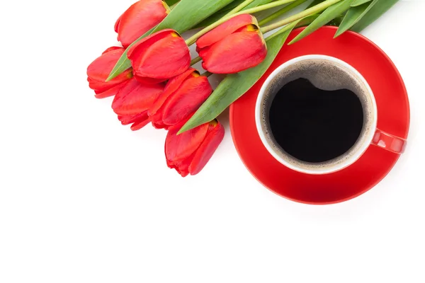 Świeże czerwone tulipany z filiżanki kawy — Zdjęcie stockowe