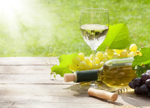 White wine glass and bottle with bunch of grapes — Stock Photo, Image