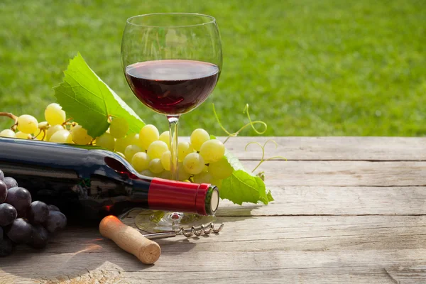 Red wine glass and bottle with bunch of grapes — Stock Photo, Image