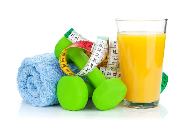 Two green dumbells, tape measure and orange juice — Stock Photo, Image