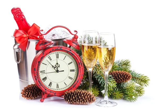 Champagne, christmas clock and fir tree — Stock Photo, Image