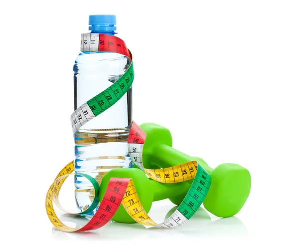 Dumbells, tape measure and water bottle — Stock Photo, Image