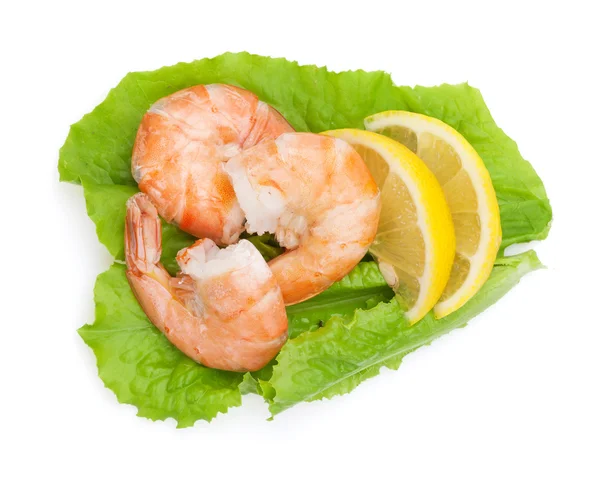 Cooked shrimps with lemon over salad leaves — Stock Photo, Image